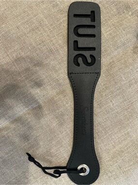 Black Leather Paddle with Embossed Lettering and Wrist Loop